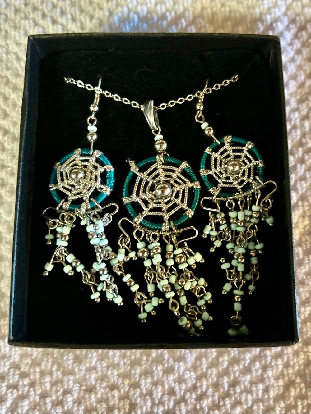 Boho Dreamcatcher Necklace & Earrings Set in Teal and Silver